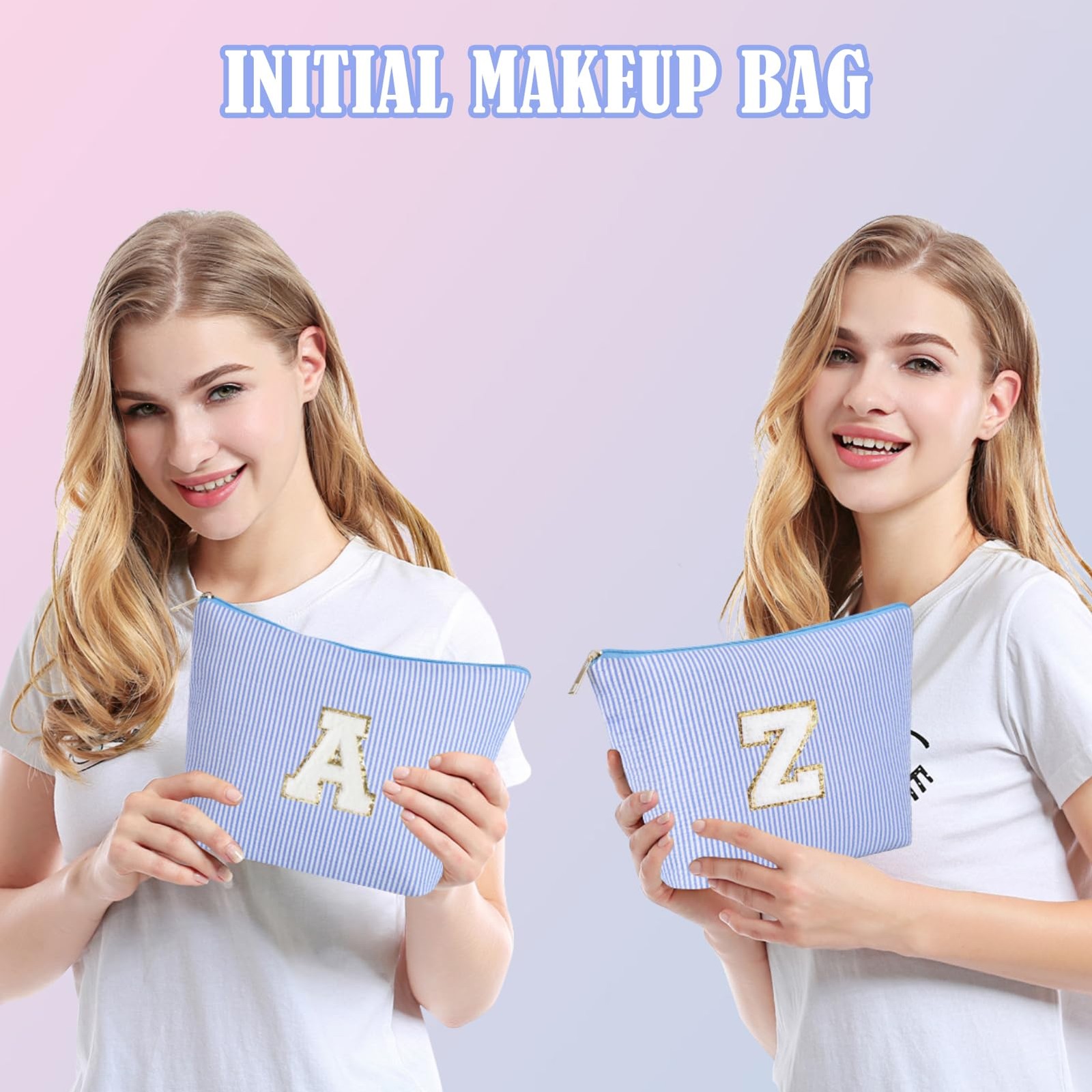 Huifen Initial Makeup Bag for Women, 11.02 in * 3.35 * 7.48 in, Blue