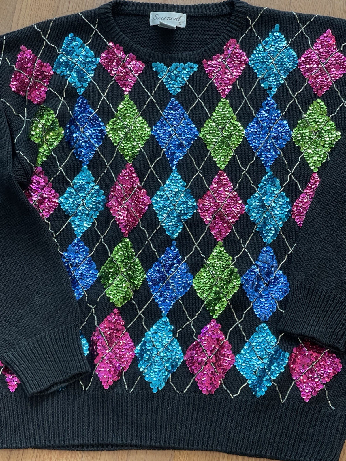 Eminent 1980s Colorful Argyle Sequined Ladies Sweater Size Medium Cotton Blend
