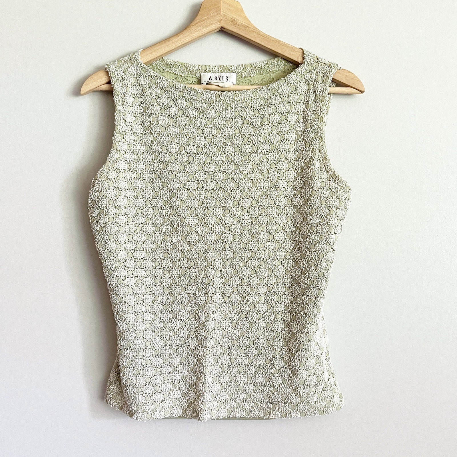 VTG A. Byer Top Size Large Y2K Green White Geometric Slinky Knit Fairycore Boho