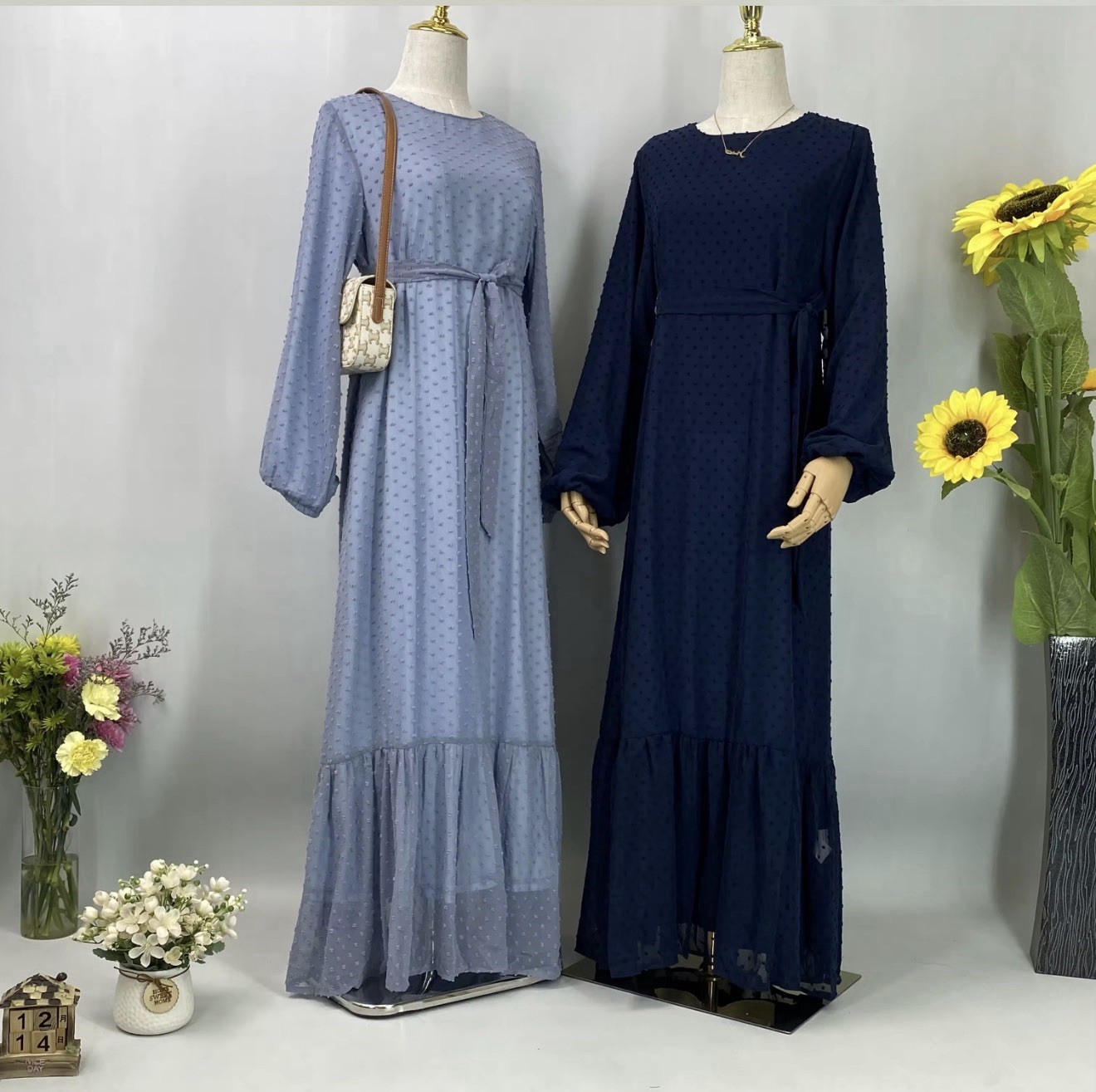 Polka dot elegant chiffon Abaya with matching belt