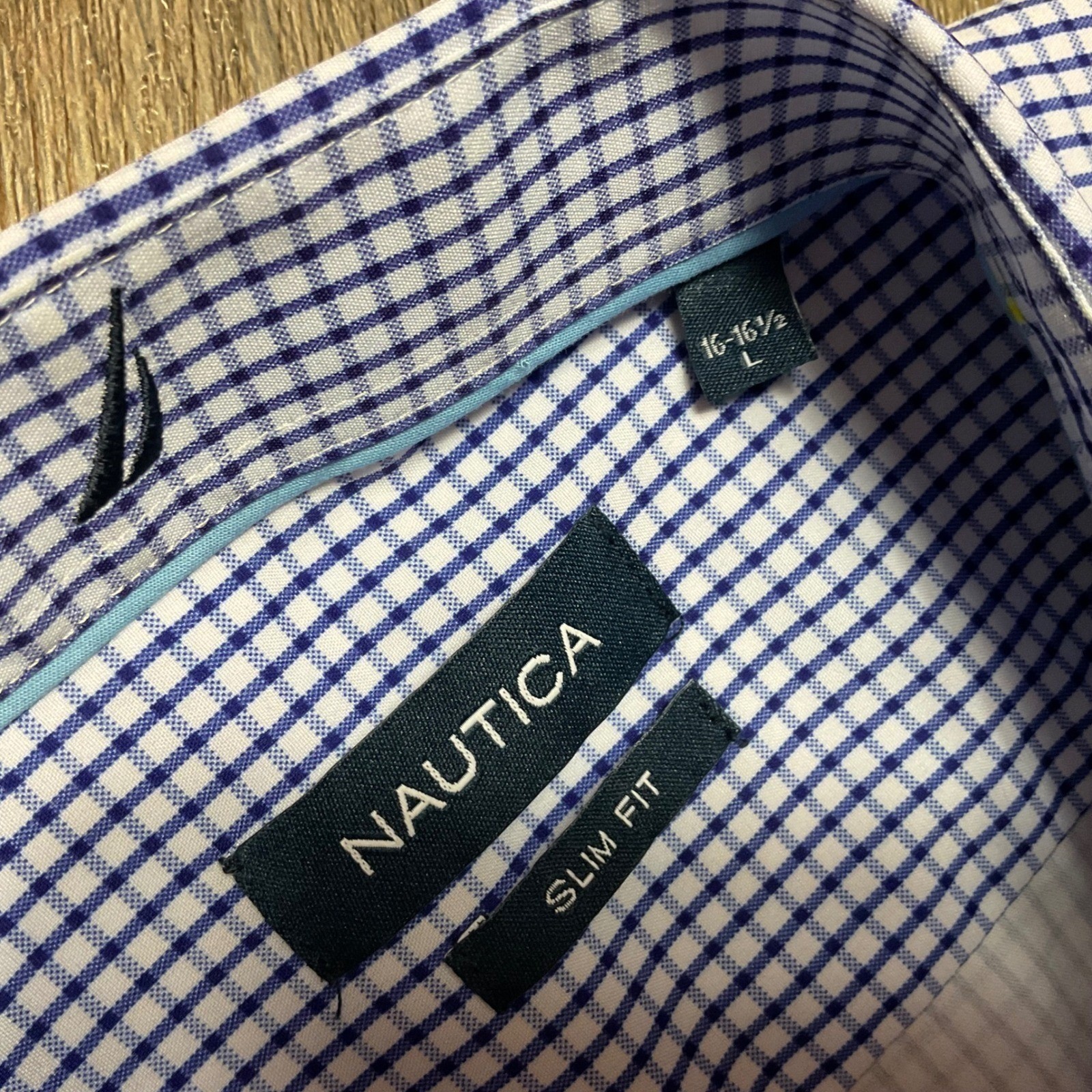 Nautica Slim Fit Navtech Gingham Short Sleeve Shirt Mens Large Blue White Preppy