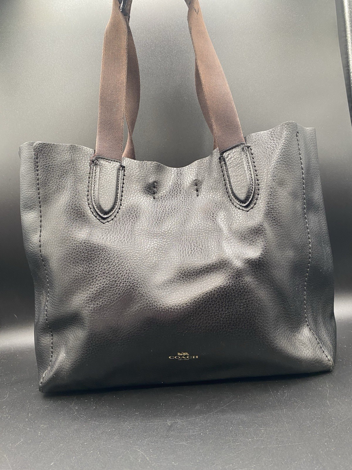 COACH Midnight Black Pebbled Leather Derby Tote Bag Double Handled Purse