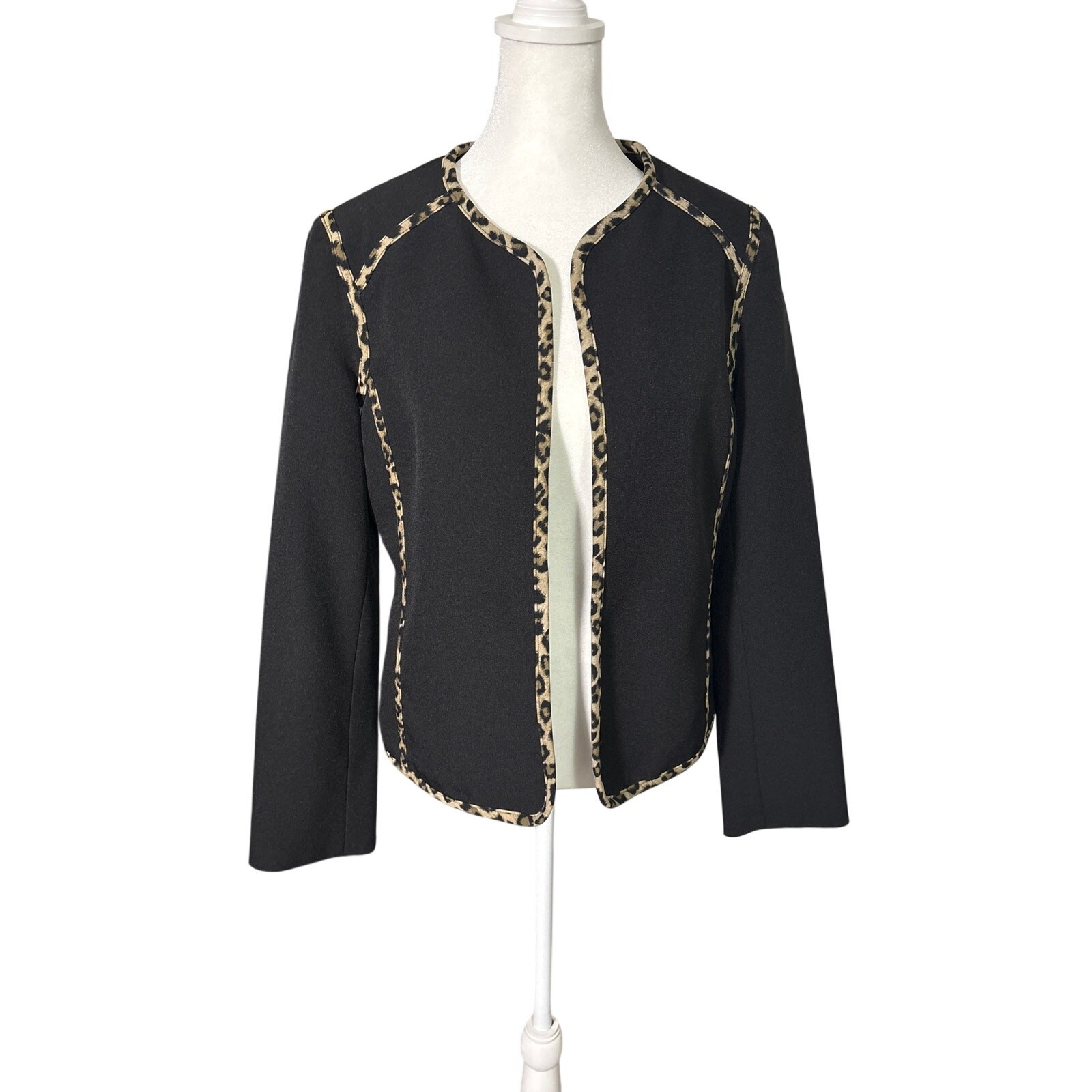 Black Label Evan Picone Black with Leopard Trim Blazer Jacket Size 6