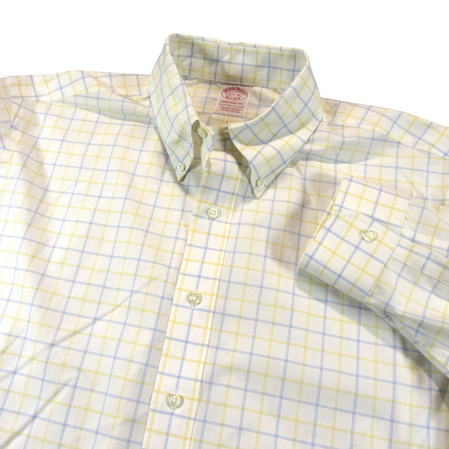 Brooks Brothers Mens Shirt 16.5-36 Yellow Blue Plaid Madison Fit Supima Non-Iron