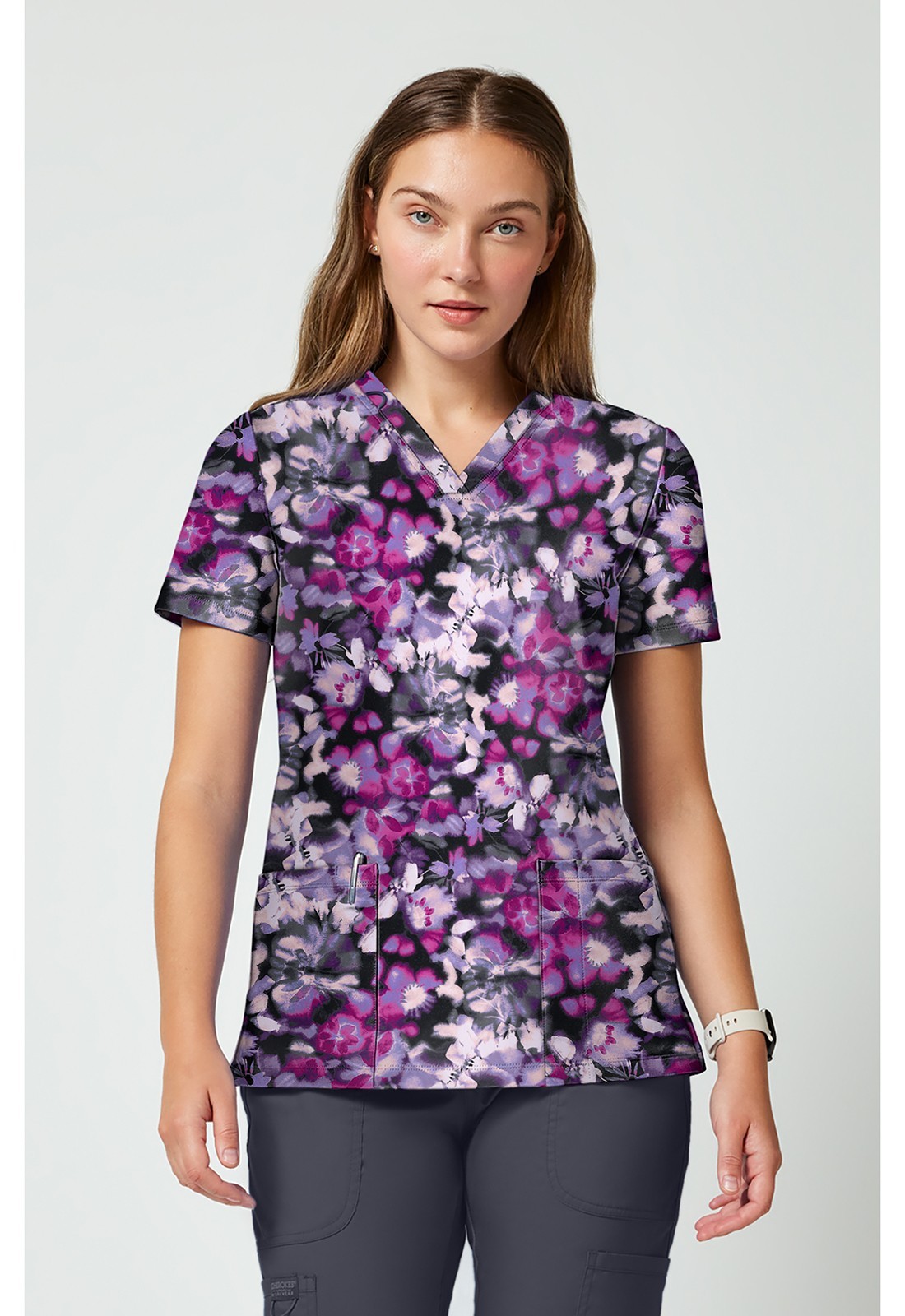 Cherokee Women’s Scrubs 2 Pocket Print Top CK00010 WRBM WATERCOLOR BLOOMS