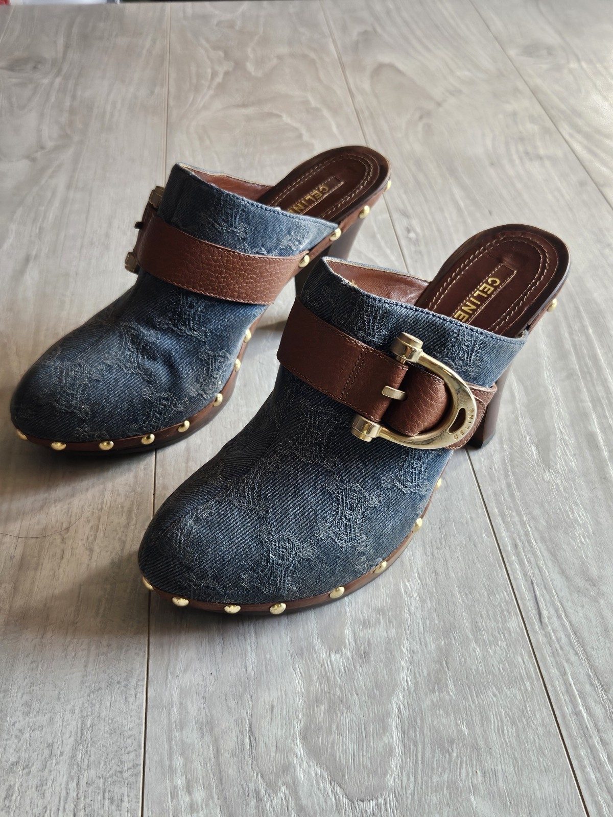 💥Celine Macadam Shoes Sandals Sabot Indigo Brown Size 38