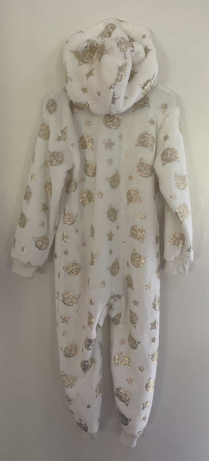 TCP Kids Girls 1-Piece Gold Cat & Stars Print Cozy Fleece Hooded PJs White XS 4