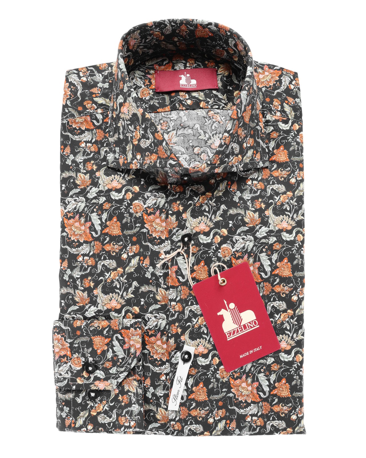 NWT EZZELINO DRESS SHIRT floral black stretch cotton Italy XL slim fit