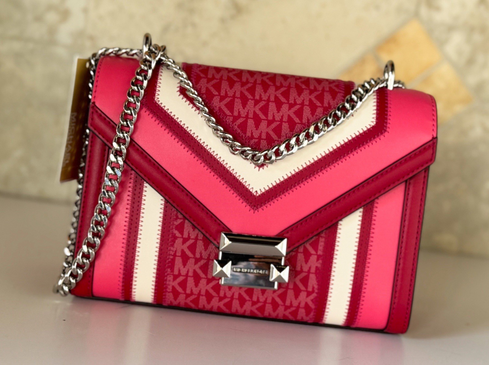 Michael Kors Whitney Medium Flap Shoulder Chain Crossbody Bag MK Dark Raspberry