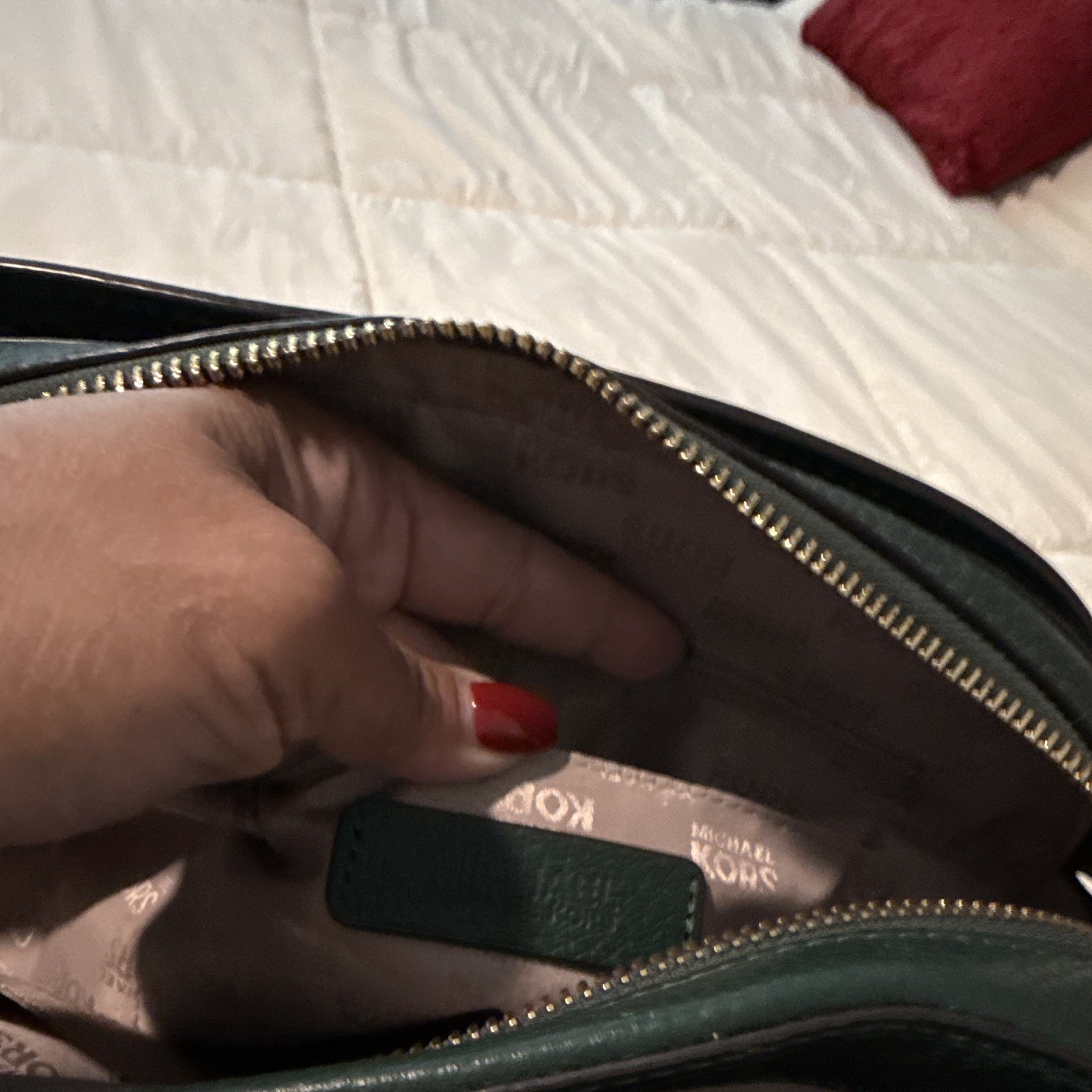 Michael Kors Green Pebbled Satchel Top Handle Bag Zip Detachable Strap Gold