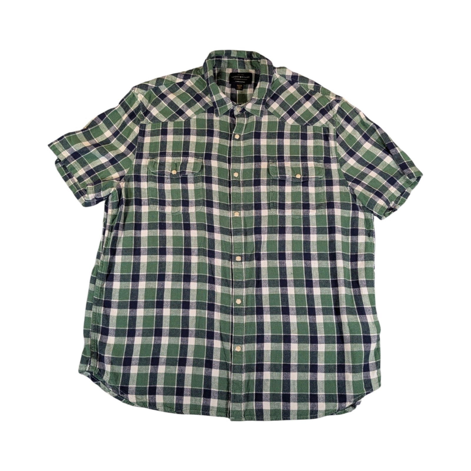 Lucky Brand XXL Linen Blend Plaid Snap Front Shirt Green Blue Short Sleeve