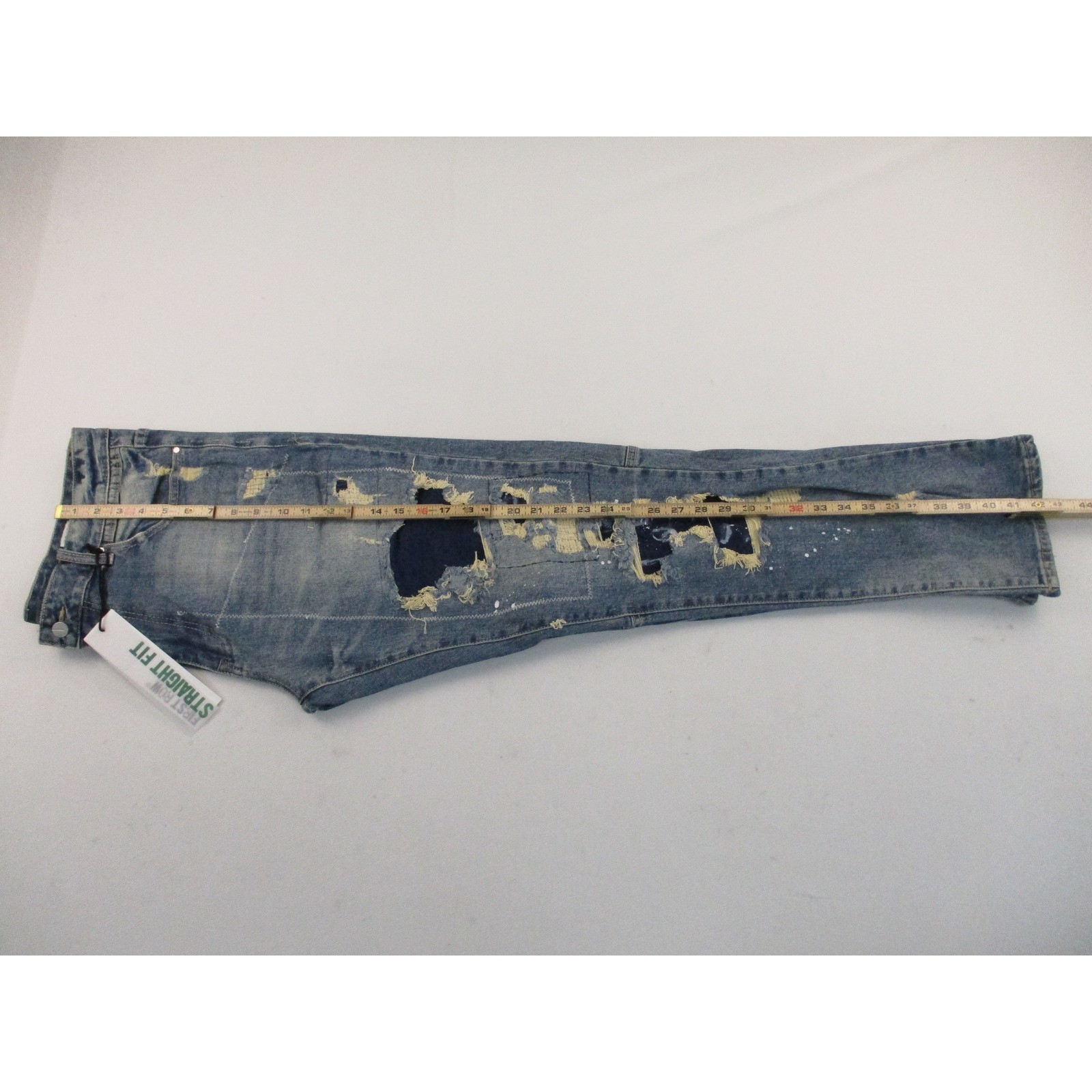 First Row Jeans Men 36 Blue Straight Fit Y2K Distressed Patchwork Splatter
