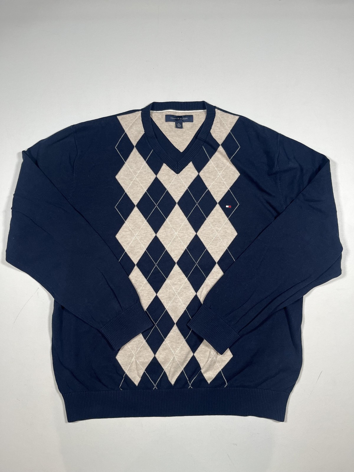 Tommy Hilfiger Sweater Mens XL Navy Blue Argyle V Neck Cotton Knit Pullover