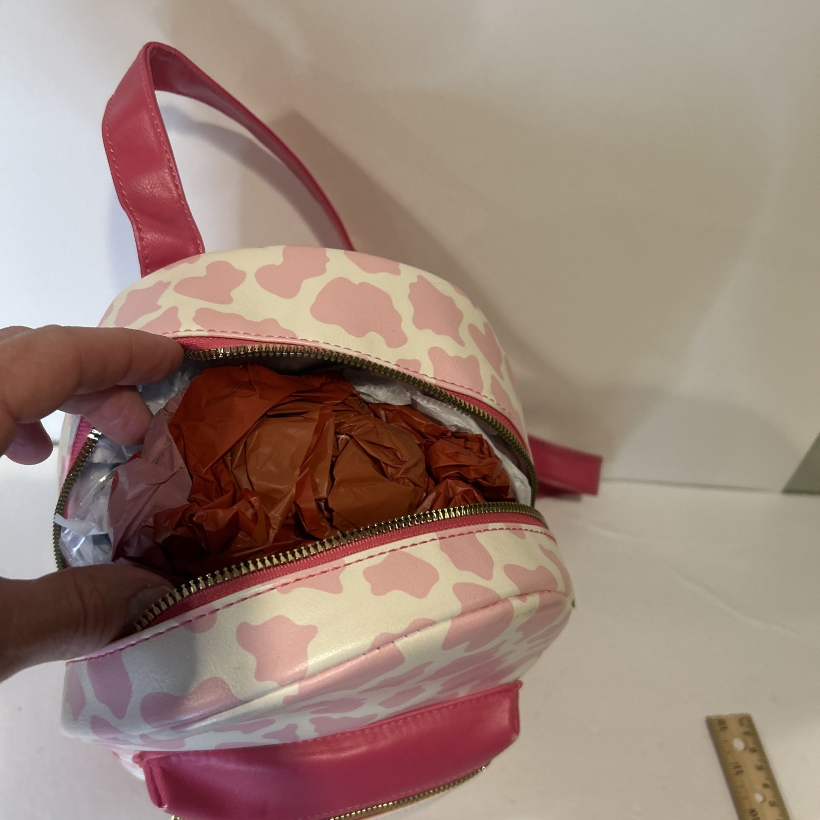 Strawberry Milk Cow Backpack Pink and White Used 11 Inches Gold Hardware Zipper