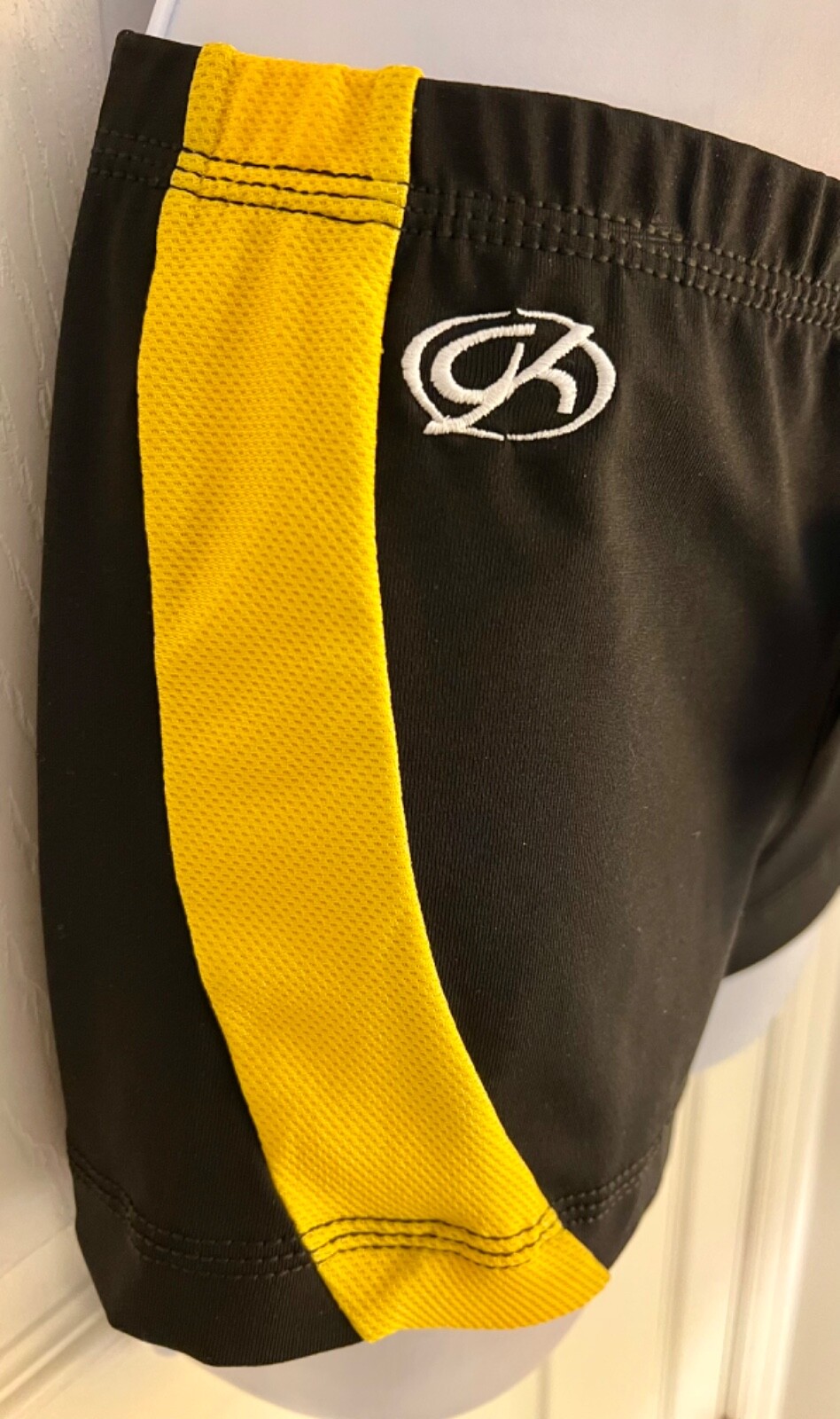 GK CHEER ADULT LARGE MICRO MINI BLACK NYLON/SPAN YELLOW MESH GYM DANCE SHORTS AL