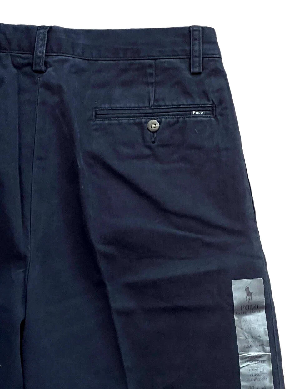 Men Polo Ralph Lauren Logo Chino Classic Fit Pleated Golf Work Pants Navy 32 34