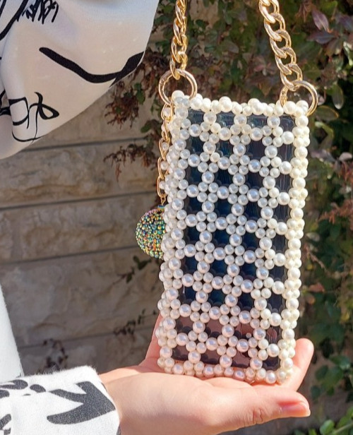 Handmade Pearl Beaded Cell Phone Bag with Gold Chain, Mobile Phone Bag Crossbody
