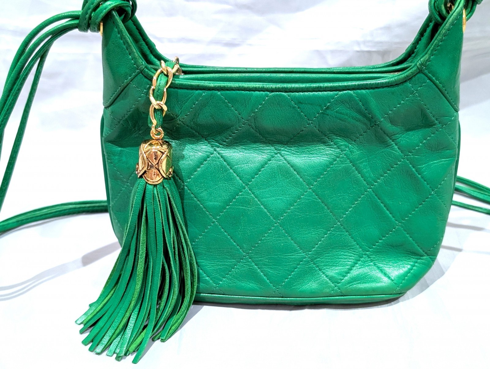 CHANEL CC Logo Fringe Charm Mini Shoulder Bag Lamb Leather Green VTG JPN