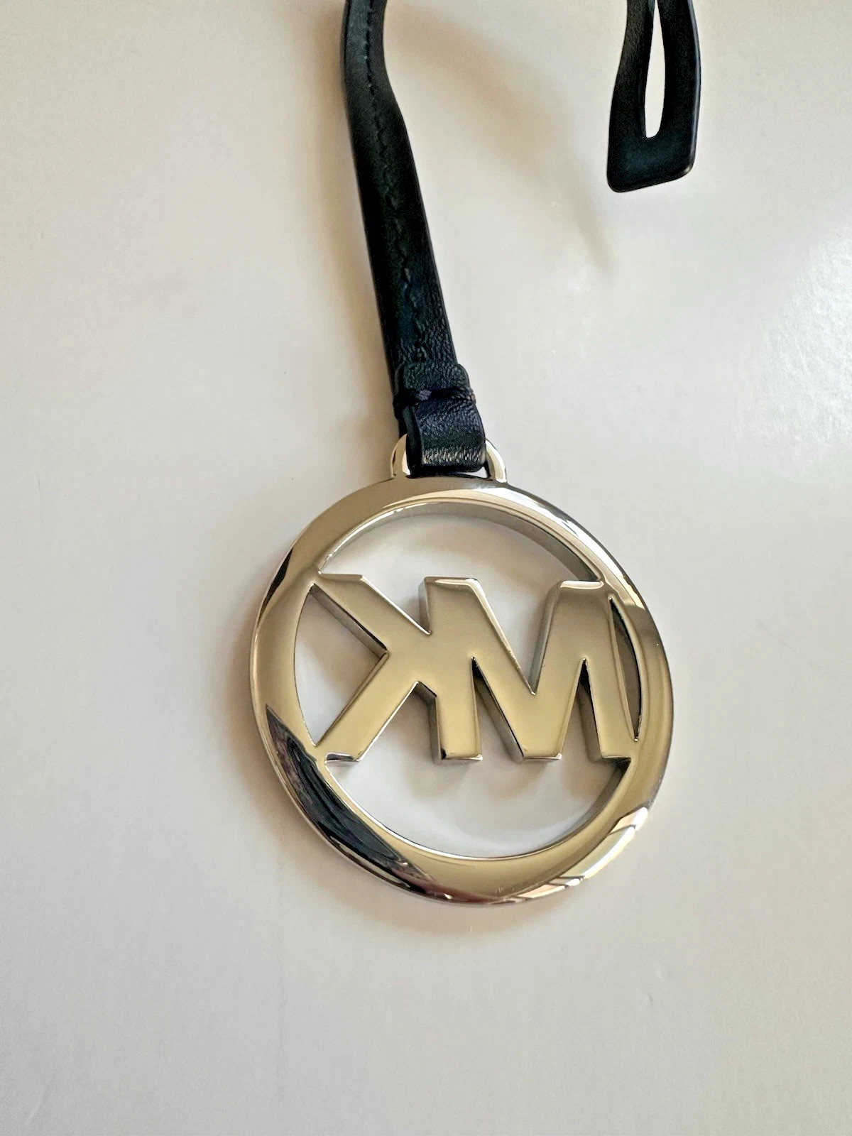 NEW MICHAEL KORS SILVER MK LOGO PURSE CHARM FOB BLACK SMOOTH LEATHER 7.75