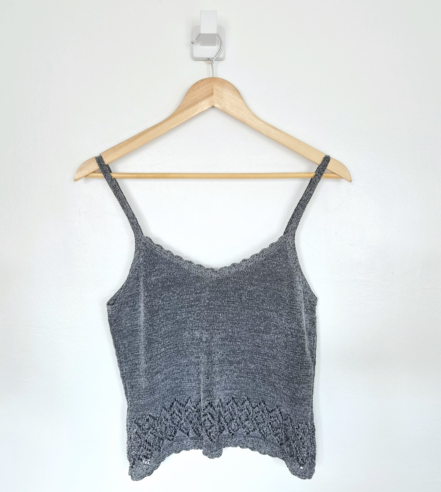 Next Y2k Camis Top Size 12 Womens Grey Knitted Crochet Spaghetti Staps Vest