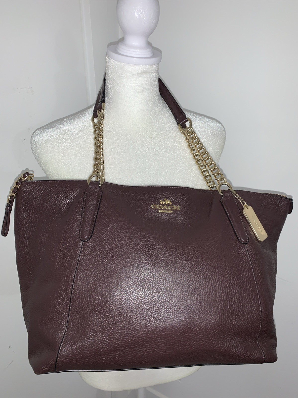 COACH Ava Rare Brown Pebbled Leather Chain Tote Large Rich Soft Luxury Leather