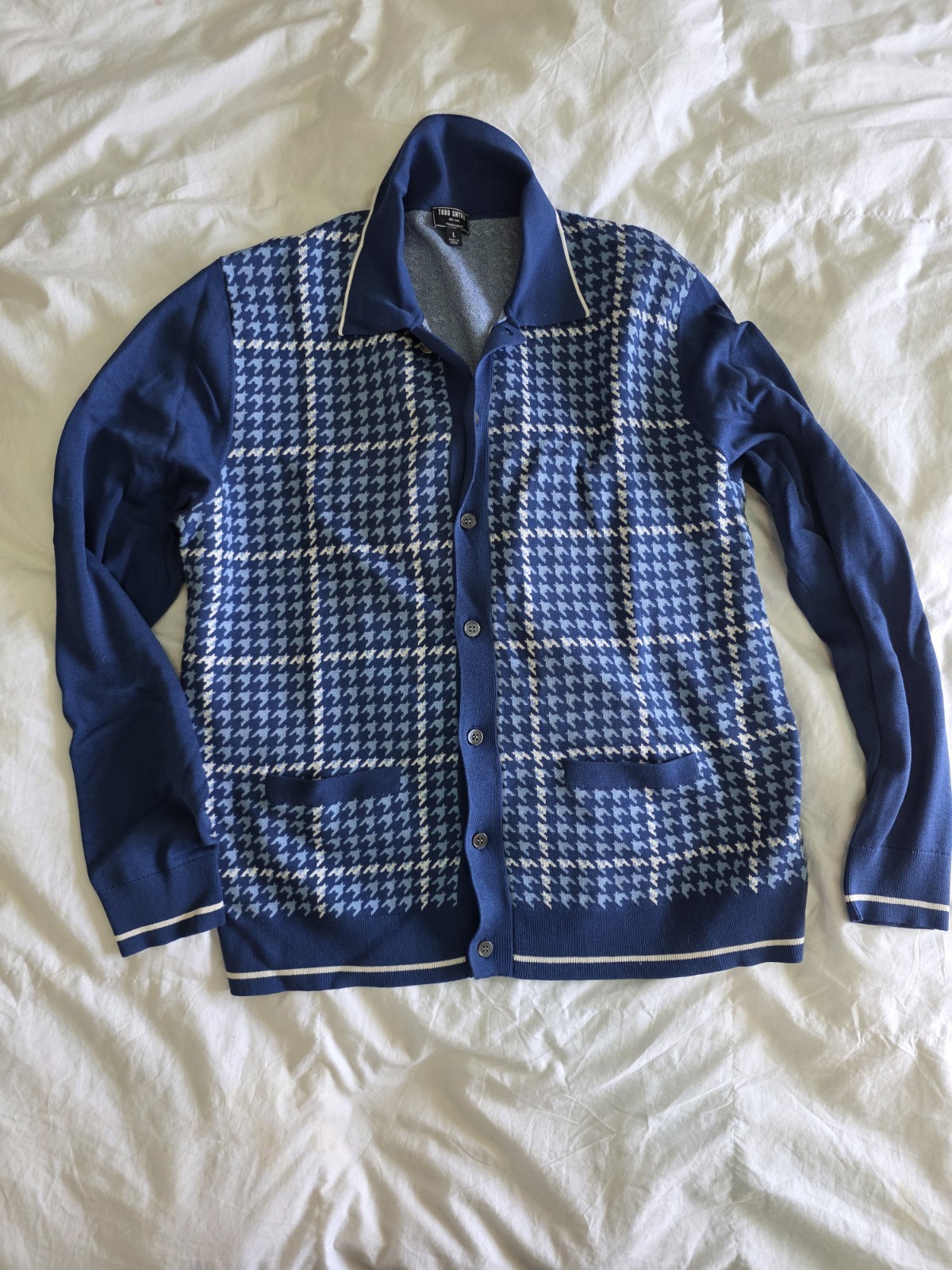 Todd Snyder Guncheck Houndstooh Button Up Cardigan Blue Large