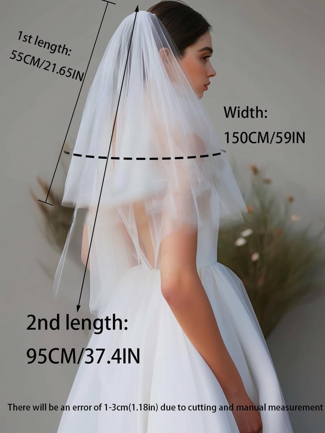 2 Tiers Bride Wedding Veil Short Fingertip Bridal Tulle Veil with Comb and Cu…