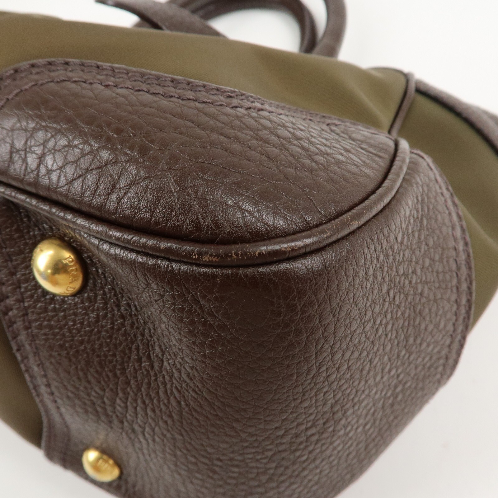 PRADA Logo Hand Bag Kahki Brown Nylon Leather BN1221 Auth Used