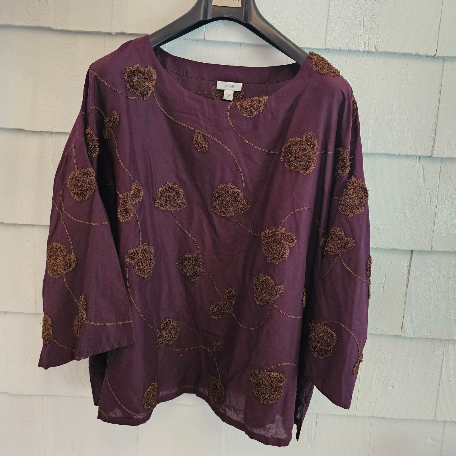 Pure Jill 2X Purple Embroidered Floral Applique 100% Cotton Tunic Top Boho