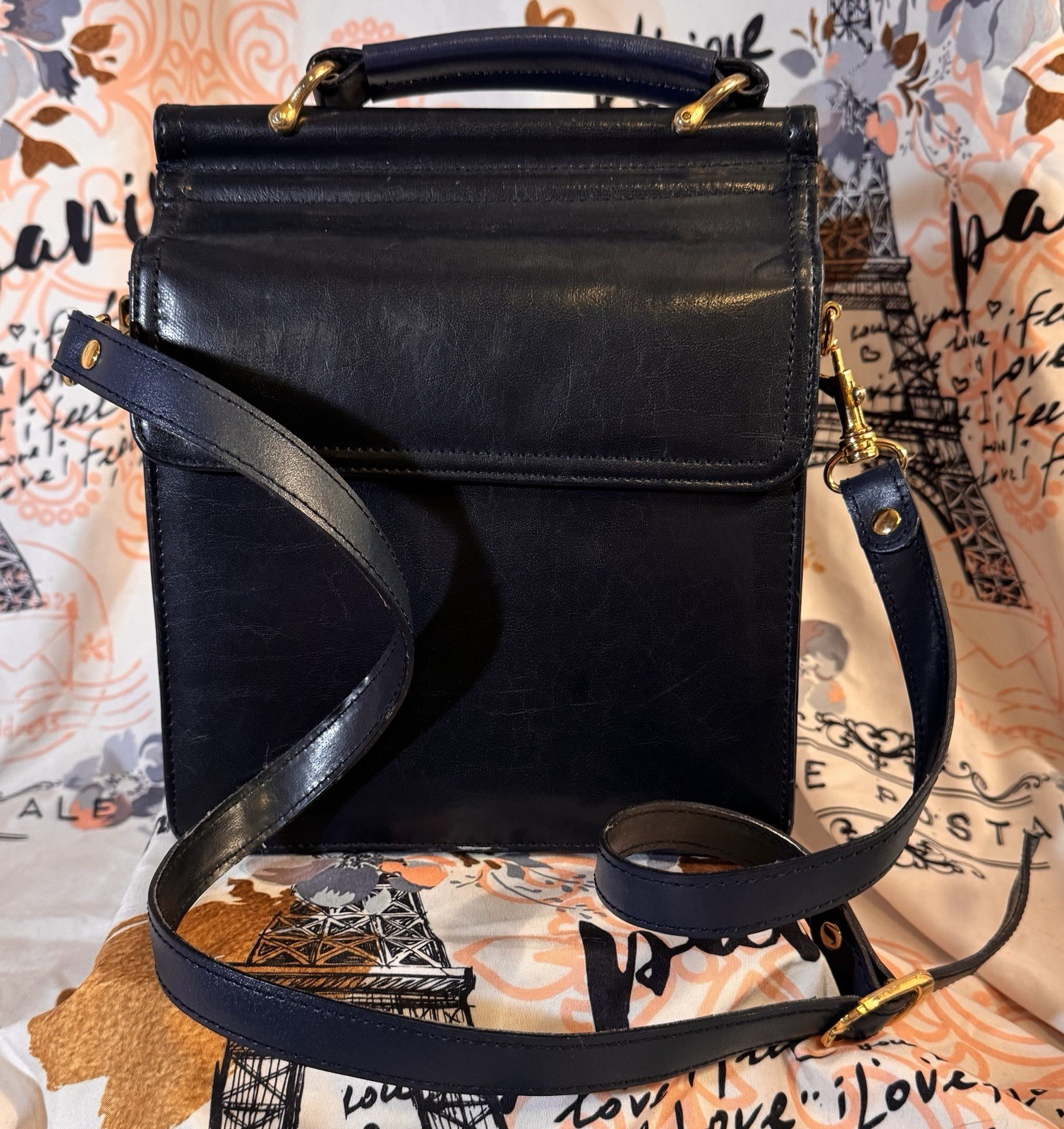 Vintage Belle Rose Navy Satchel Top Handle Bag Detachable Strap, Floral Lining