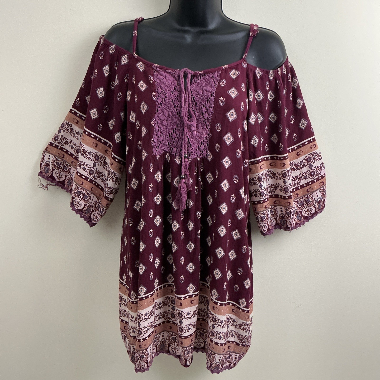 Angie Indie Boho Hippie Bell Sleeve Crochet Flowy Burgundy Mini Dress S