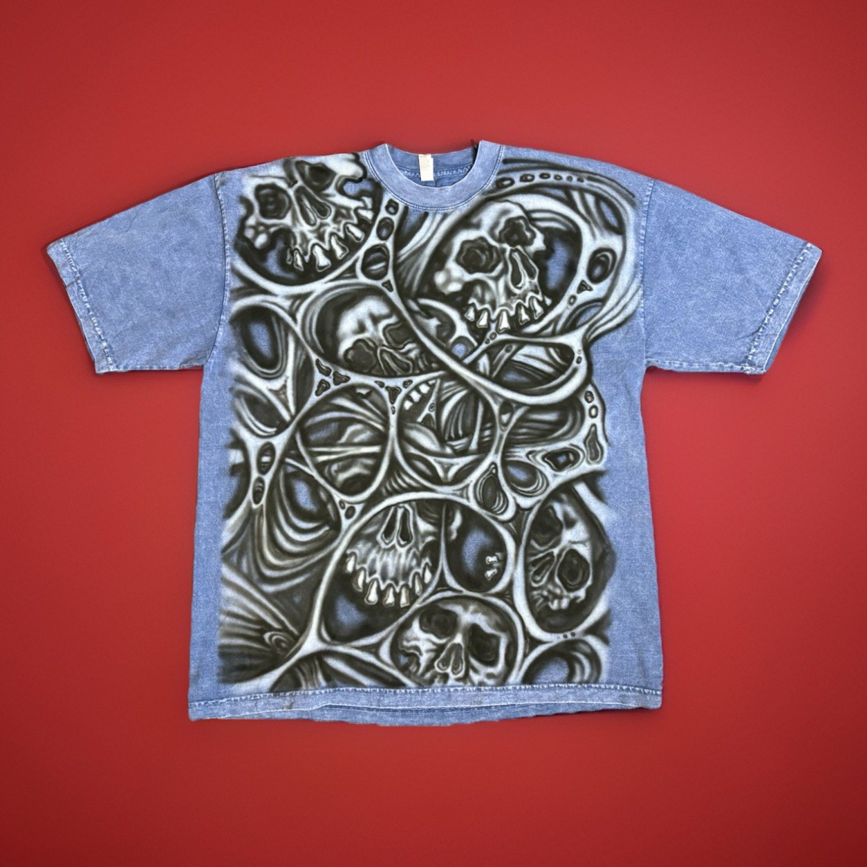 Hand Airbrushed Los Angeles Apparel Garment Dyed Blue Crewneck T-Shirt Men’s XL