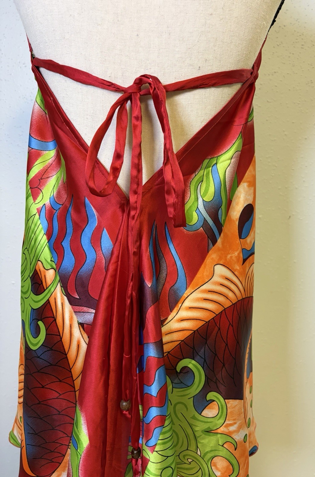 India Boutique Vibrant Flowy Koi Fish Print Halter Mini Dress One Sz Bohemian