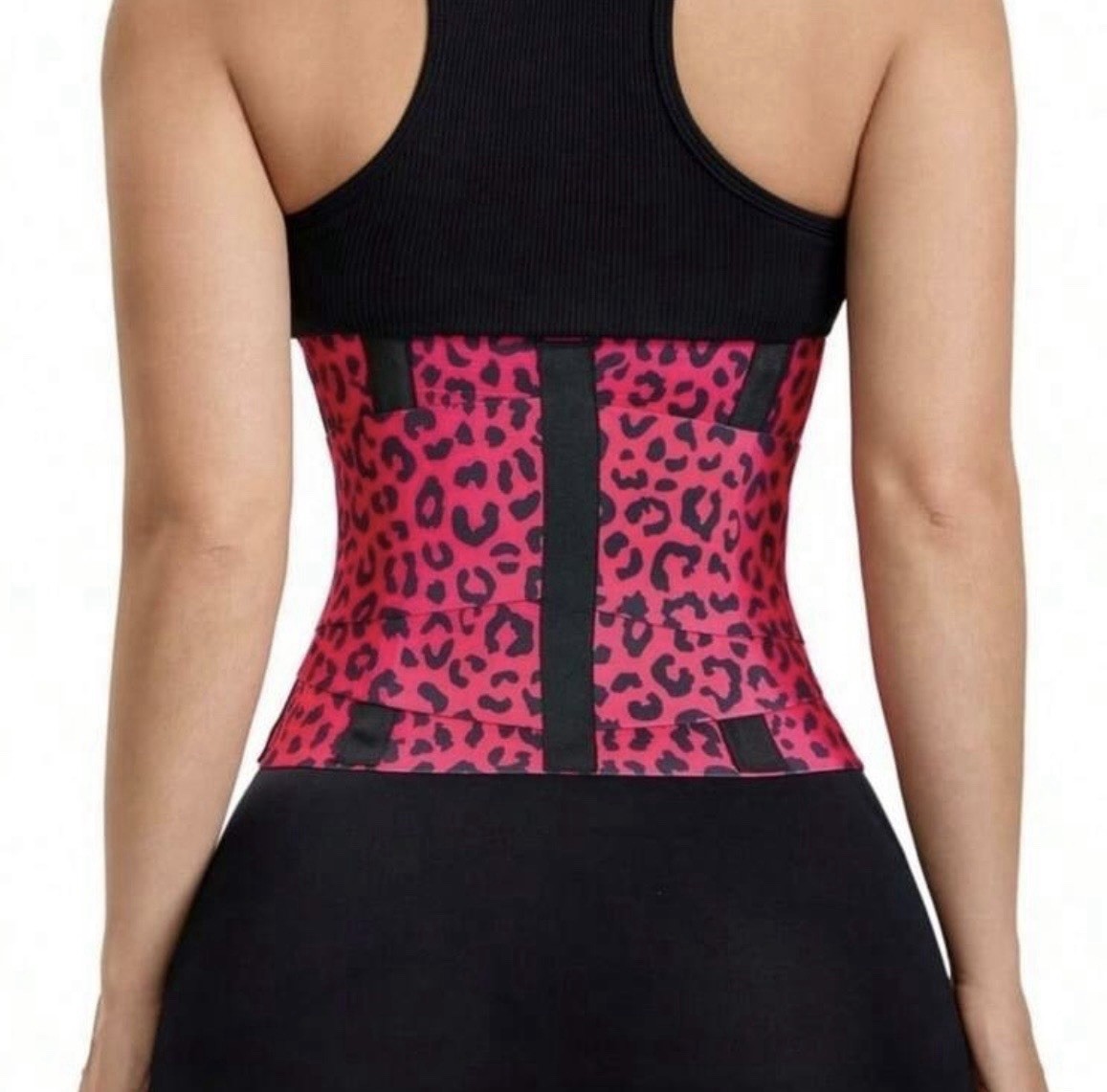 Women’s Pink/Black Leopard Animal Print Waist Trainer Corset, Hook & Loop