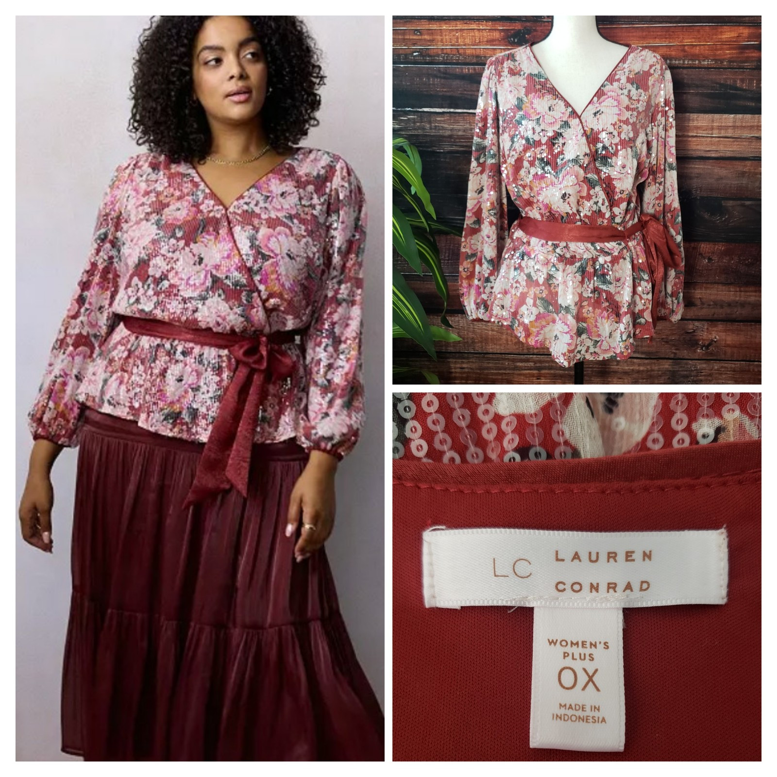 LC Lauren Conrad Plus Size 0X Sequin Puff Sleeve Wrap Top Blouse Belted Floral
