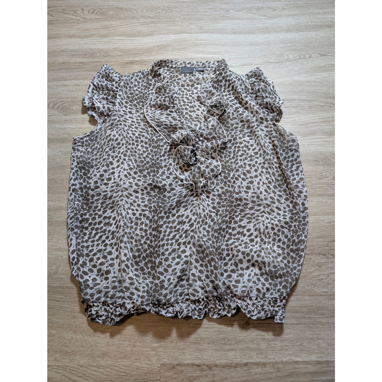 Covington Blouse Womens Large L Sheer Leopard Print Ruffle Neck Bubble Hem Top