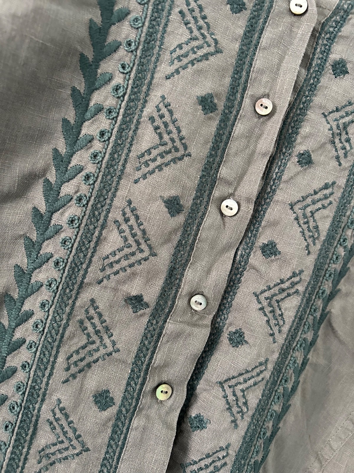 Wrap London Linen Shirt Blouse Size 6 Grey Green Embroidery Priarie Cottagecore