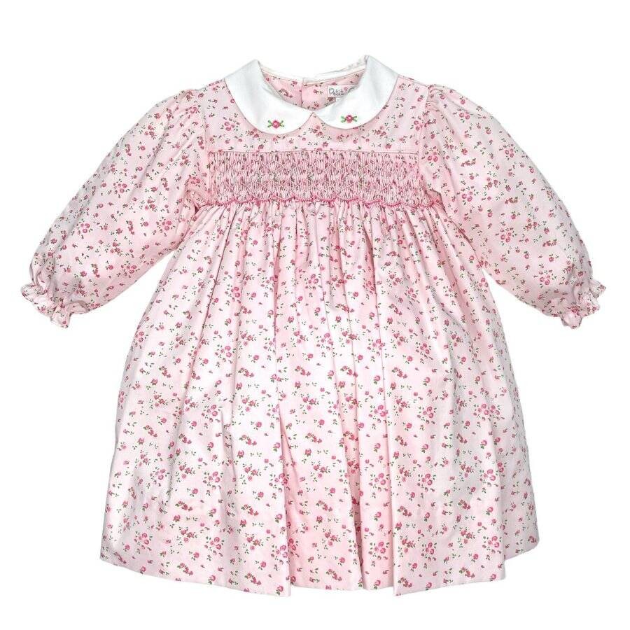 Petit Ami Pink Floral Dress Bloomer with Smocking and Embroidery 12 18 24 Month
