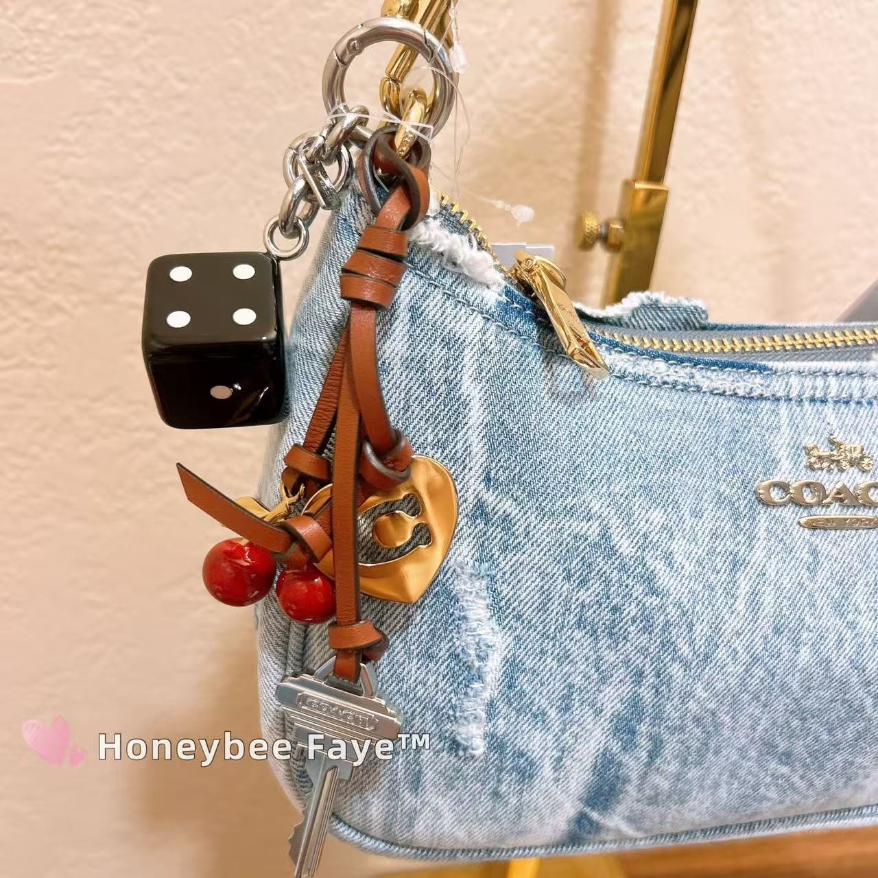 NWT COACH CDY76 Teri Shoulder Bag In Loved Denim With Charms /Light Indigo