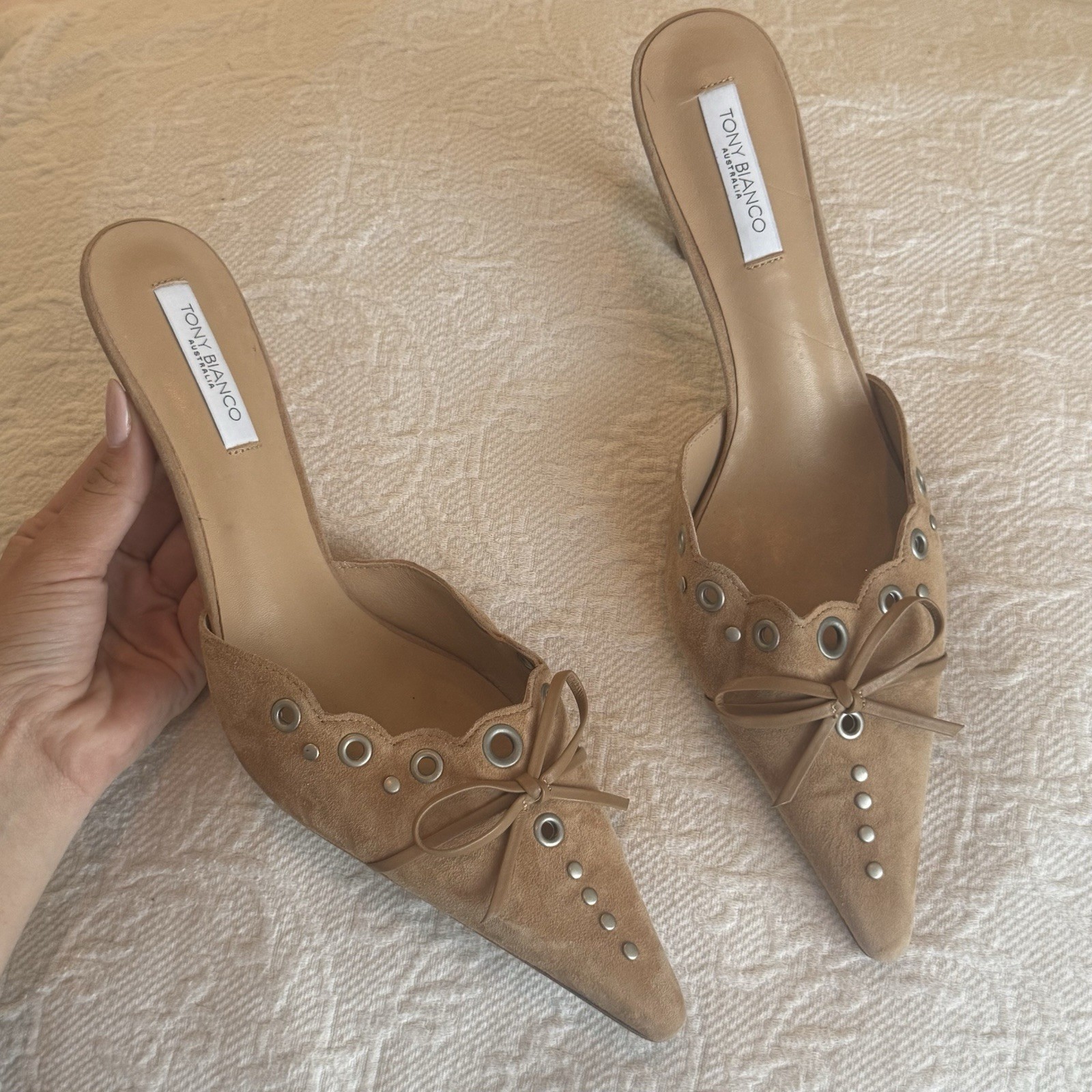 Tony Bianco Tan/Brown Shae Mule Kitten Heels in Butterscotch Suede Size 10