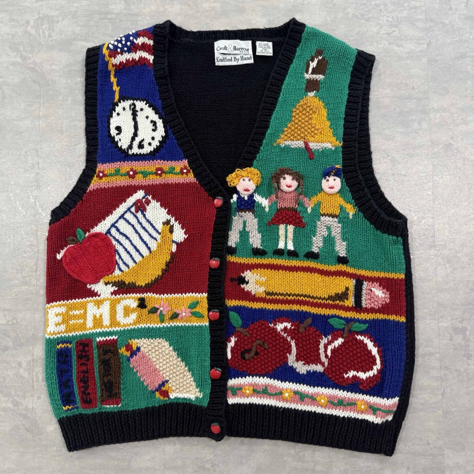 Vtg Teacher Knit Sweater Vest Cardigan School Art Croft & Barrow Petite Medium