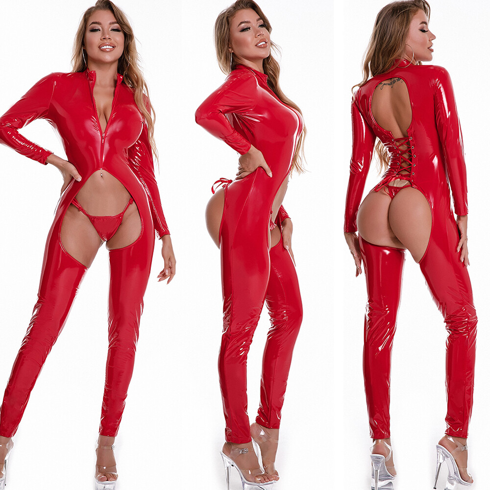 Womens PVC Leather Shiny Wet Look Jumpsuit Crotchless Bodysuit Catsuit w/ T-back