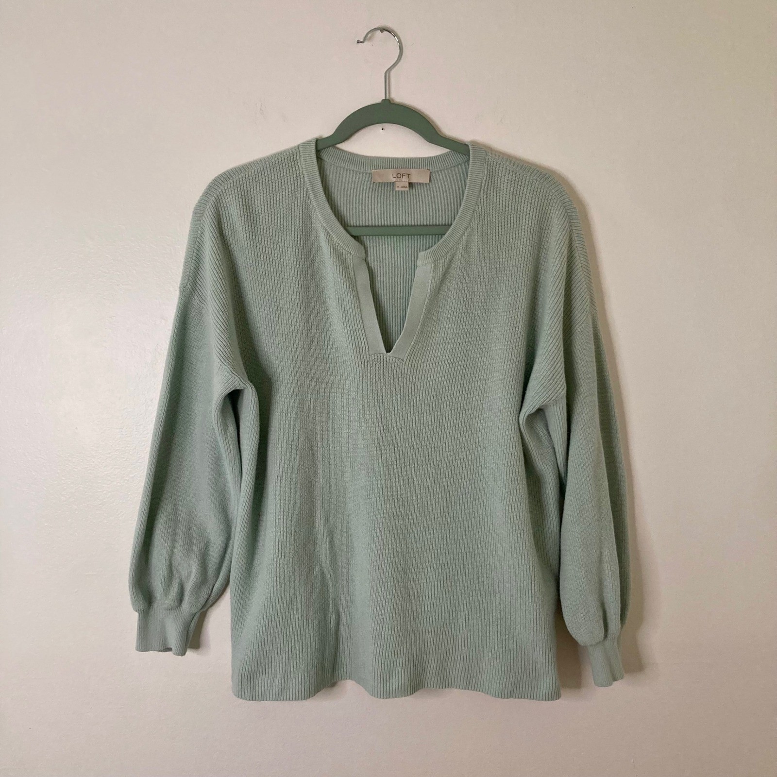LOFT Sage Green Ribbed Knit 100% Cotton Sweater Split Notch Neck Balloon Sleeve