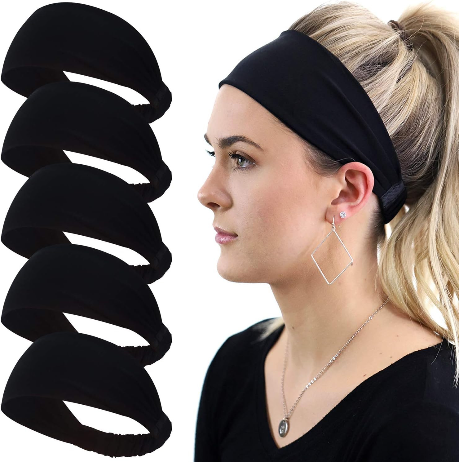 5 Pack Wide Headbands for Women, Sweat-Absorbing Sport Sweatbands, Soft Elastic