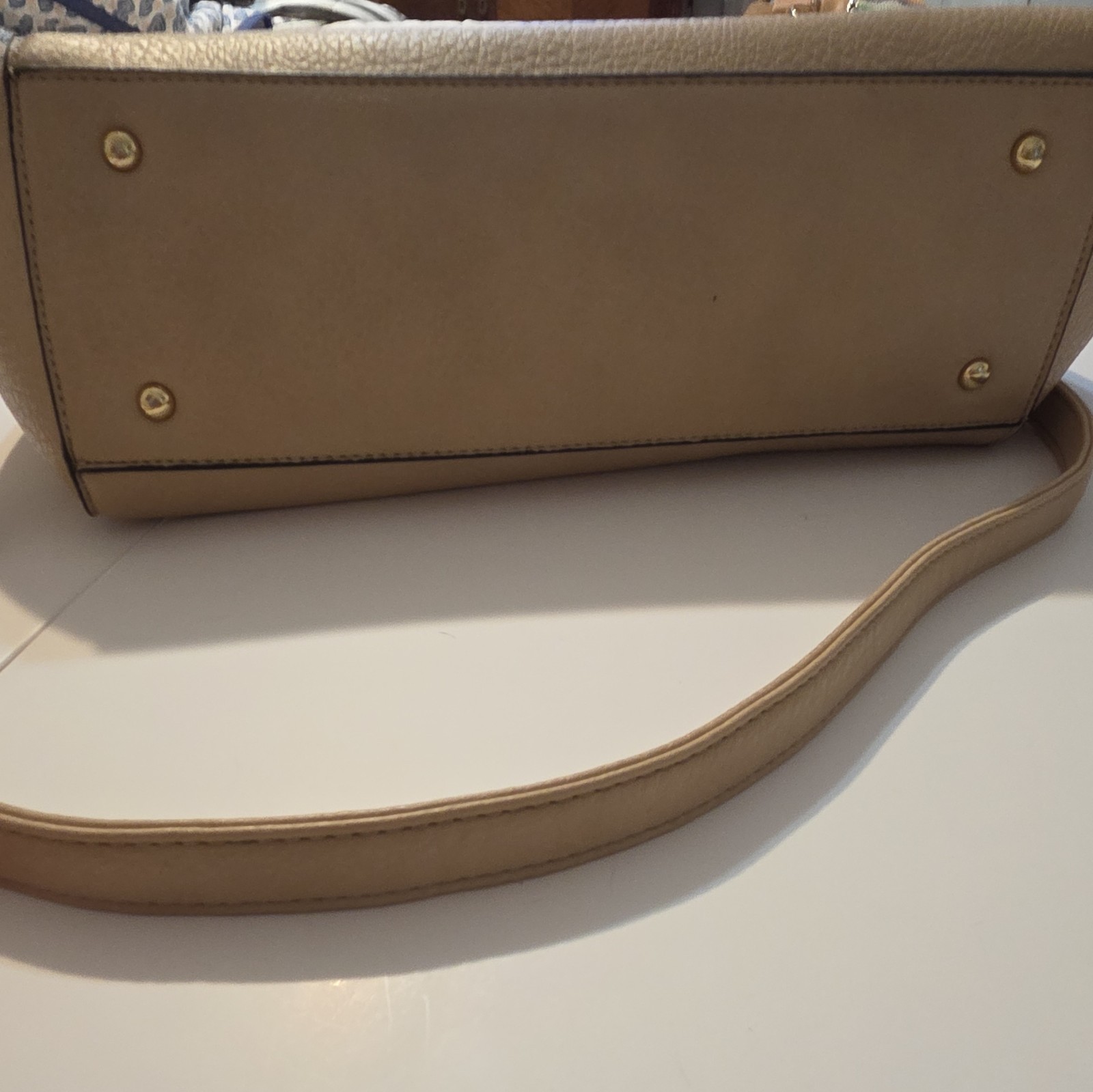 Beige Pebbled Satchel Top Handle Bag Double Handles Zip Turn Lock Strap
