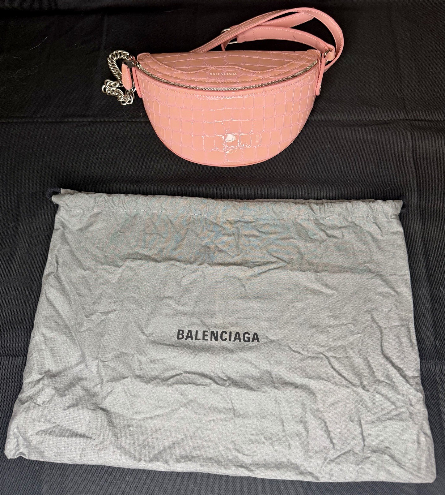 Balenciaga Pink Croc Pattern Embossed Small Belt Bag Chain Strap Zip Dust Bag
