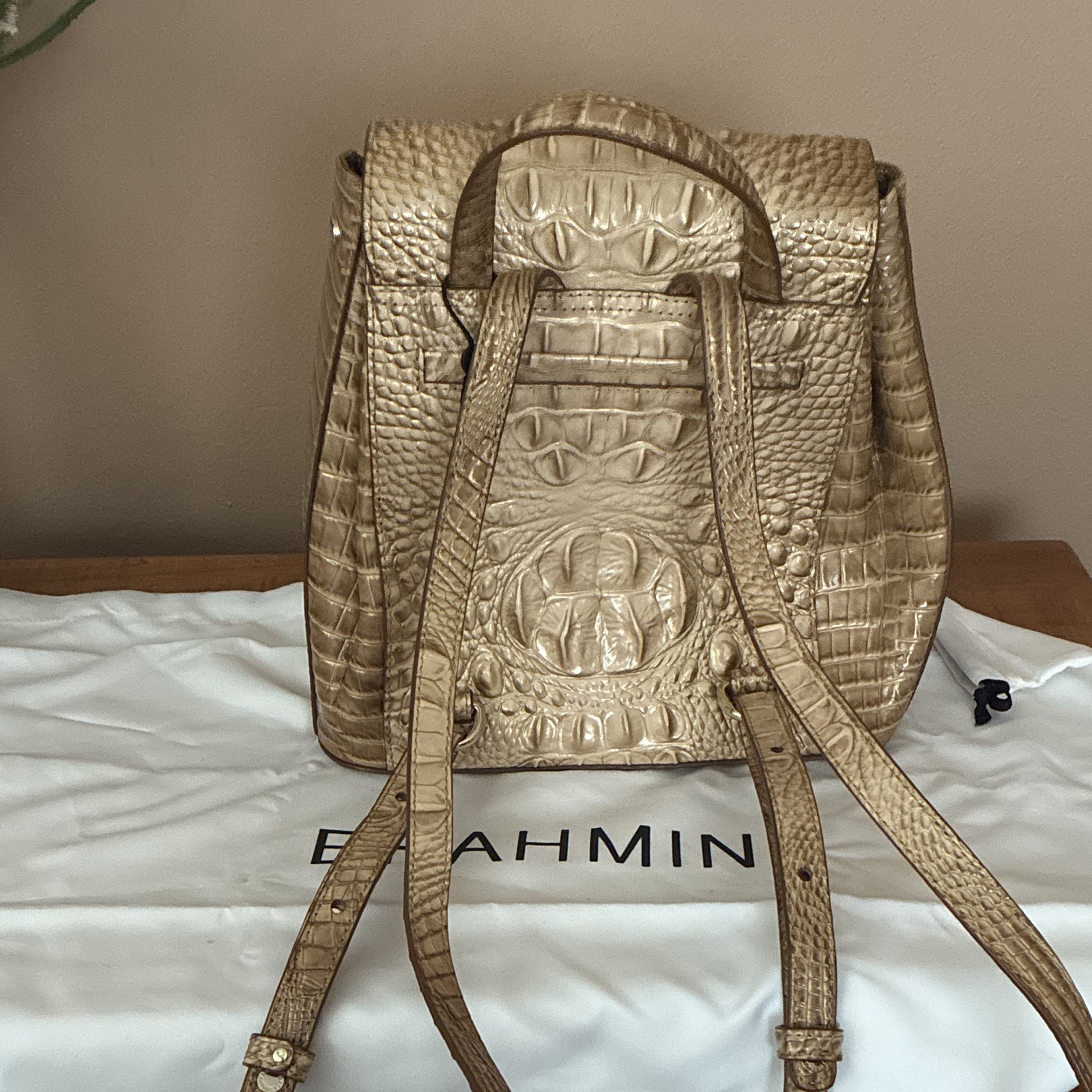 Brahmin Beige Croc-Embossed Backpack Purse Top Handle Buckle Gold Hardware
