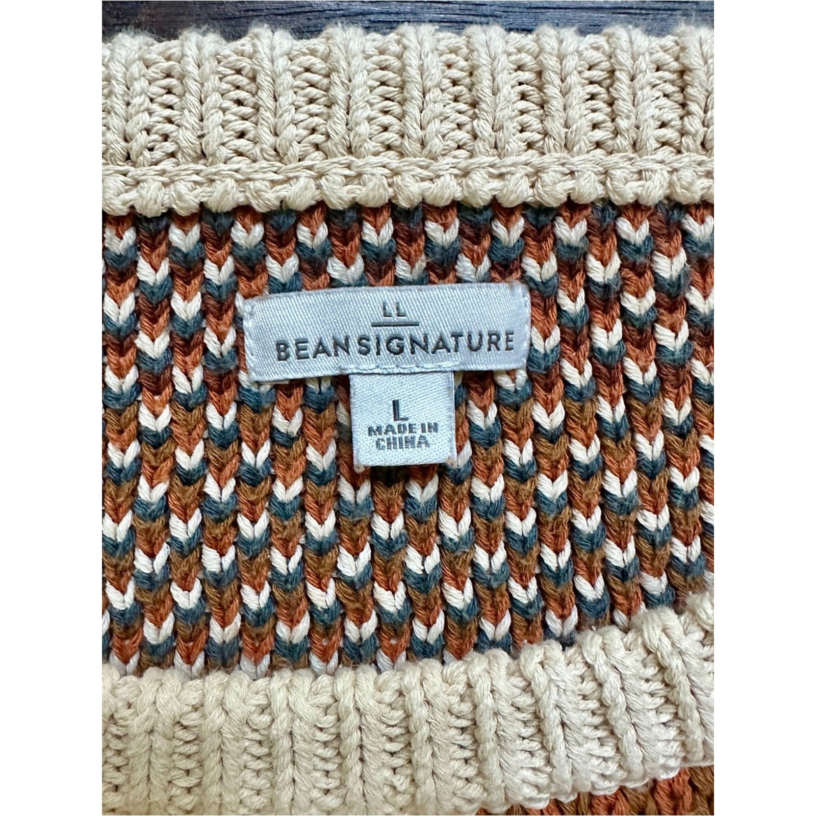 LL Bean Signature Cable-Knit Sweater Cream & Rust Size L 100% Cotton