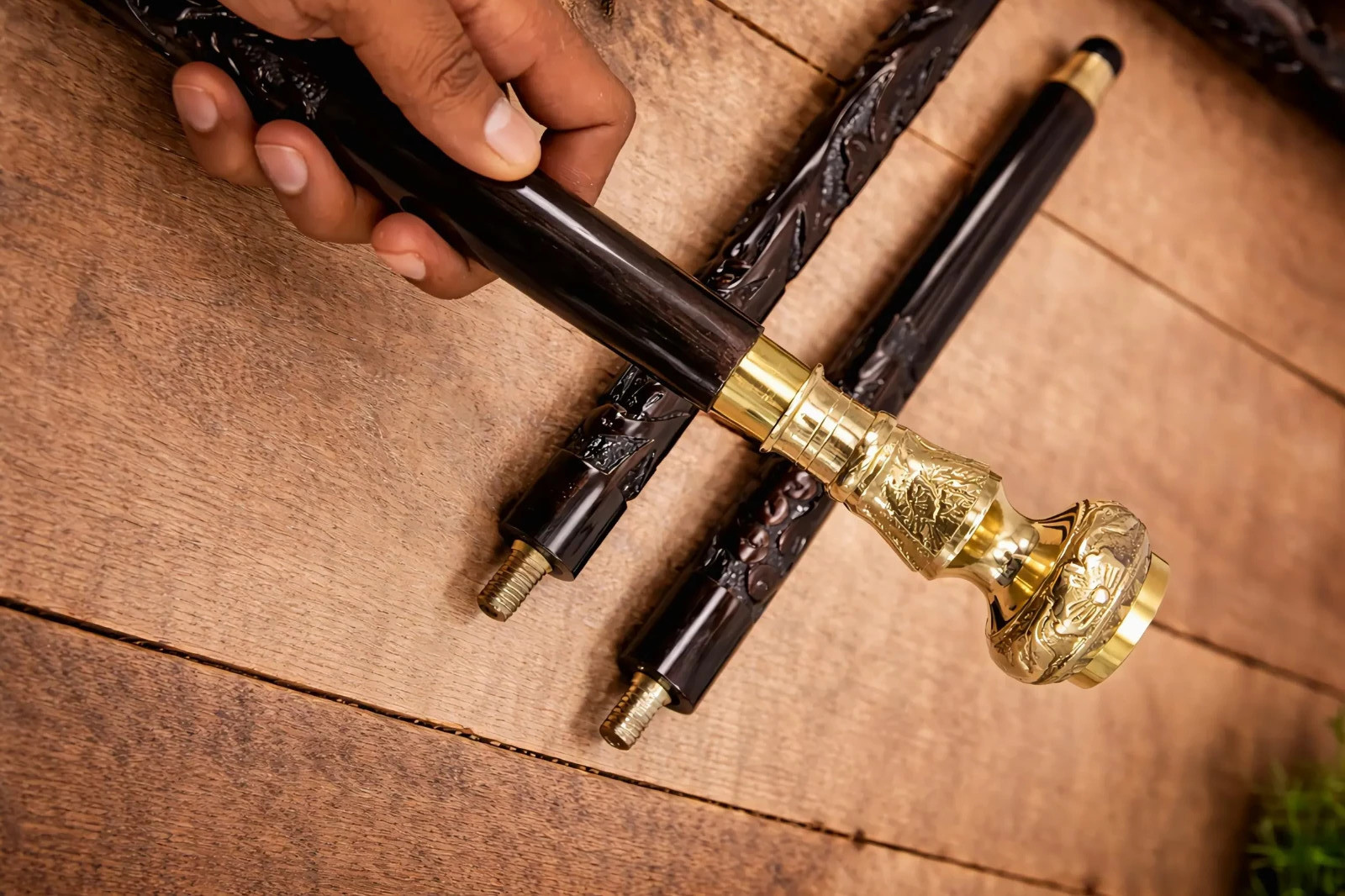 Hand Carved Floral Design Wooden Cane Vintage Brass Compass Handle Walking Stick