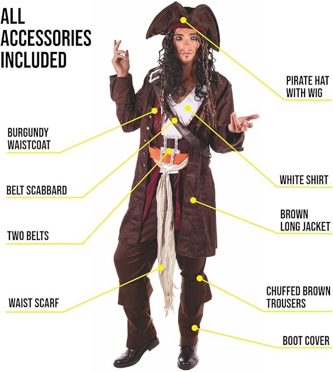 Mens Caribbean Pirate Captain Costume + Hat + Wig Movie TV Fancy Dress M L XL